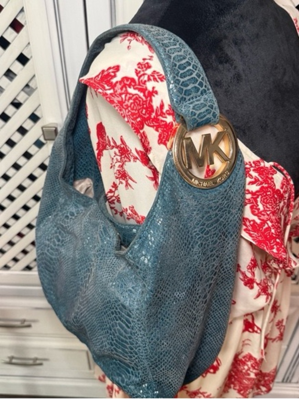 Vintage Michael Kors Teal Embossed Leather Hobo with Gold Logo Fall 26 #012